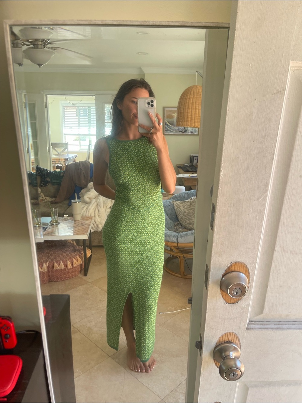 Sleeveless Green Printed Maxi Dress with Front Slit